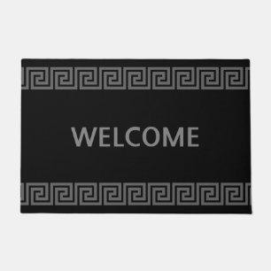 Elegant Silver Grey Greek Pattern on Black Welcome Doormat