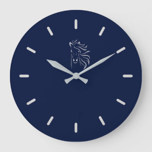 Elegant Silver Grey Horse Silhouette on Navy Blue Large Clock
