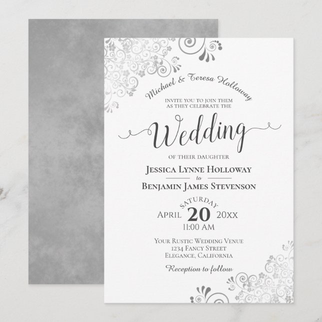Elegant Silver Grey Lace Formal White Wedding Invitation (Front/Back)
