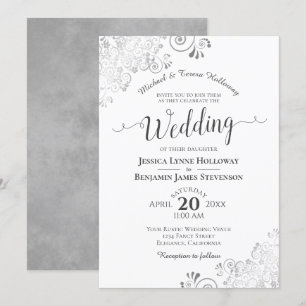Elegant Silver Grey Lace Formal White Wedding Invitation
