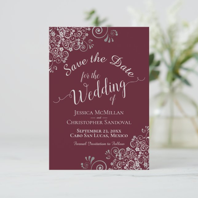Elegant Silver Grey Lace Frills Burgundy Wedding Save The Date (Standing Front)
