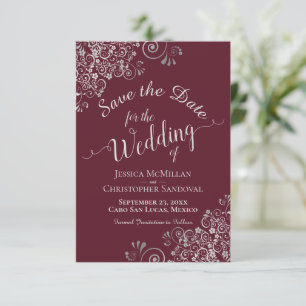 Elegant Silver Grey Lace Frills Burgundy Wedding Save The Date
