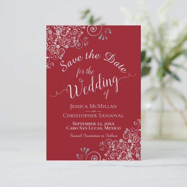 Elegant Silver Grey Lace Frills Red Wedding Save The Date (Standing Front)