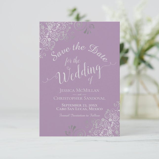 Elegant Silver Grey Lace Lavender Wedding Save The Date (Standing Front)