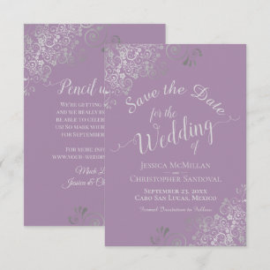 Elegant Silver Grey Lace Lavender Wedding Save The Date