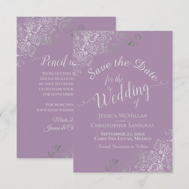 Elegant Silver Grey Lace Lavender Wedding Save The Date (Front/Back)