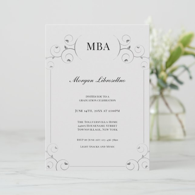 Elegant Silver Grey MBA Graduation Party Invitation (Standing Front)