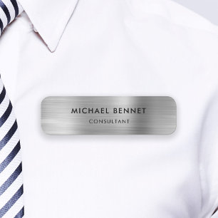 Elegant Silver Grey Metallic Professional Business Name Tag
