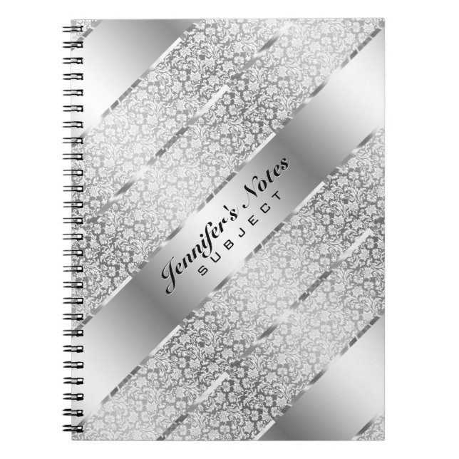 Elegant Silver Grey Metallic Stripes 2 Monogram Notebook (Front)