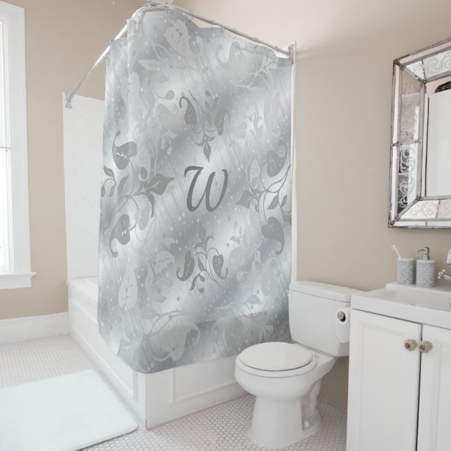 Elegant Silver Grey Nature Monogram Shower Curtain (In Situ)