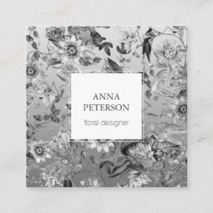 Elegant Silver Grey Passion Flowers Square Business Card