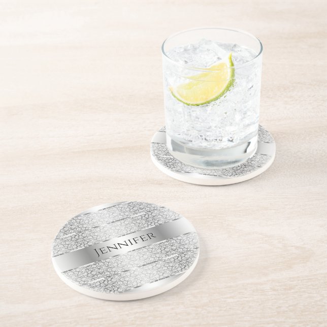 Elegant Silver Grey Stripes Monogram Coaster (Side)