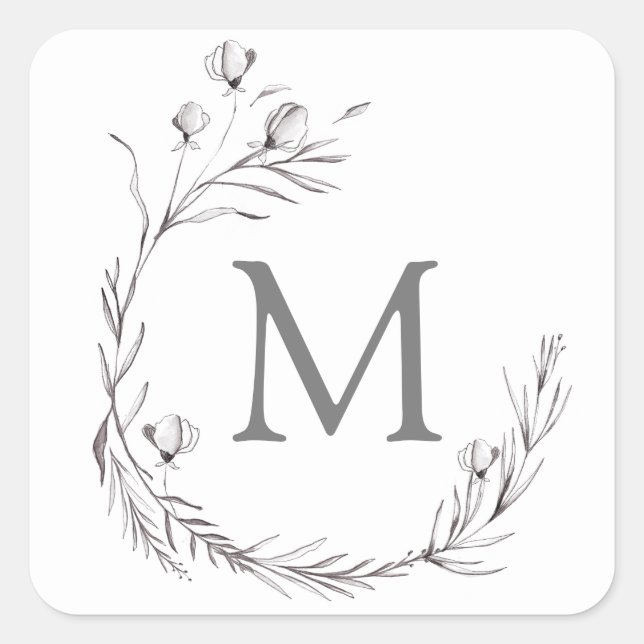 Elegant Silver Grey White Botanical Wreath Wedding Square Sticker (Front)
