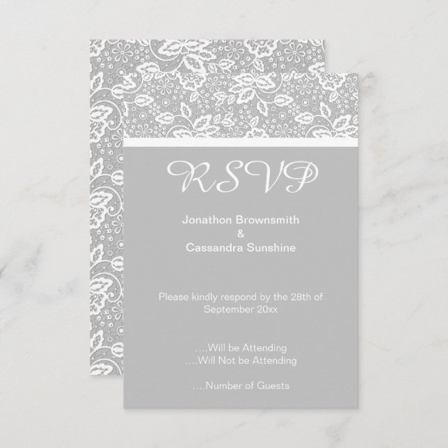 ELEGANT SILVER GREY WHITE LACE RSVP INVITATION (Front/Back)