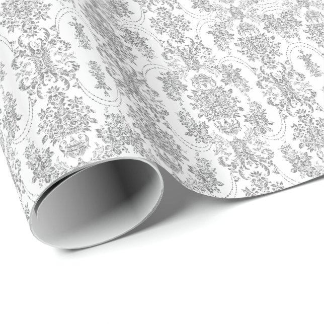 Elegant Silver Grey & White Ornate Floral Pattern Wrapping Paper (Roll Corner)