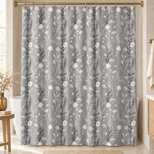Elegant Silver Grey Wildflower Meadow Botanical Shower Curtain