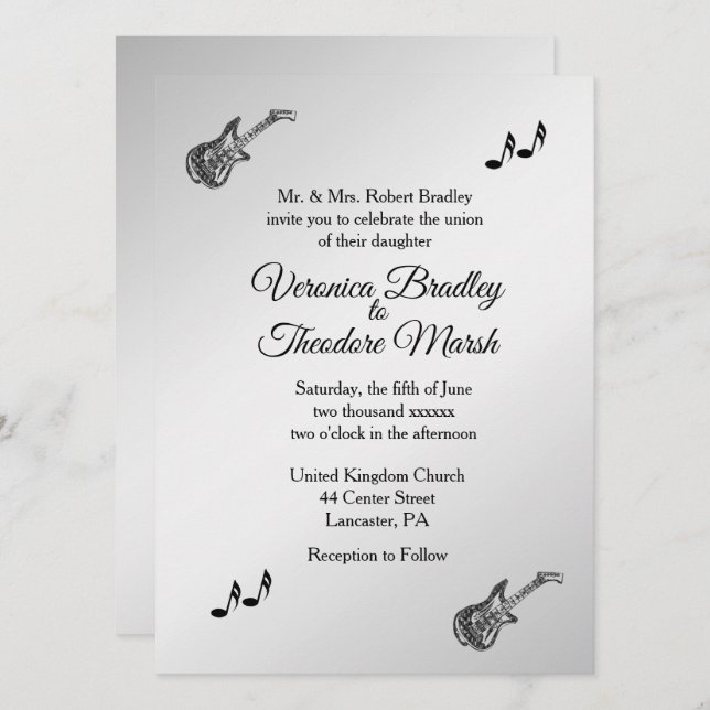Elegant Silver Guitar Theme Wedding Invitation   (Front/Back)