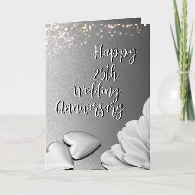 Elegant Silver Heart 25th Wedding Anniversary Card (Front)