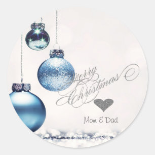 Elegant Silver Heart,Blue Christmas Balls Classic Round Sticker