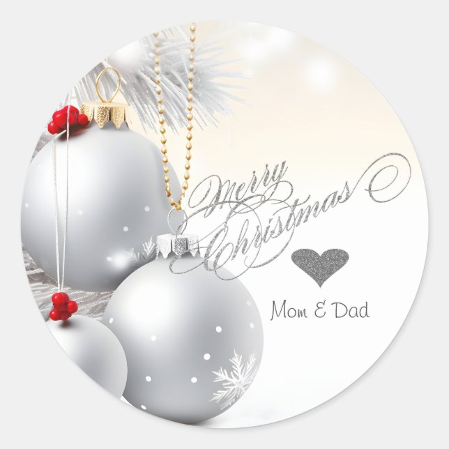 Elegant Silver Heart Christmas Balls Branches Classic Round Sticker (Front)