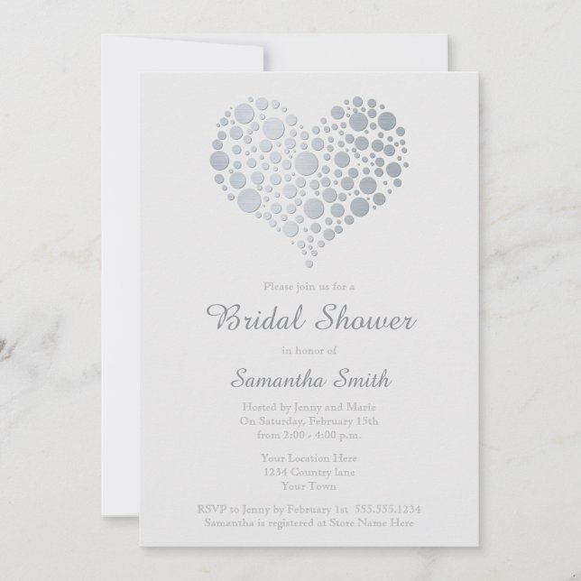 Elegant Silver Heart Light Grey Bridal Shower Invitation (Front)