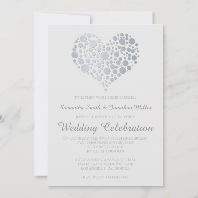 Elegant Silver Heart Light Grey Wedding Invitation (Front)