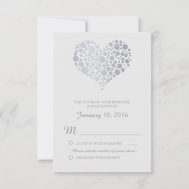 Elegant Silver Heart Light Grey Wedding RSVP (Front)