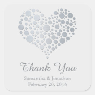Elegant Silver Heart Light Grey Wedding Thank You Square Sticker