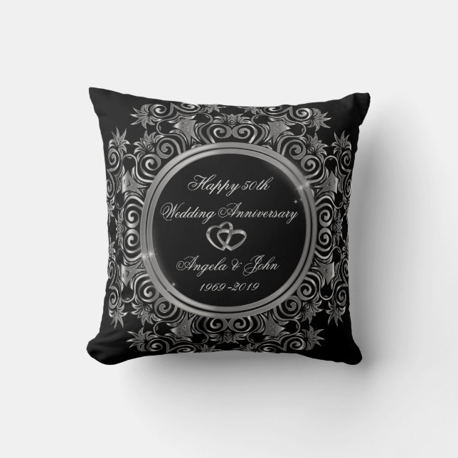 Elegant Silver Hearts 50th Wedding Anniversary Cushion (Front)