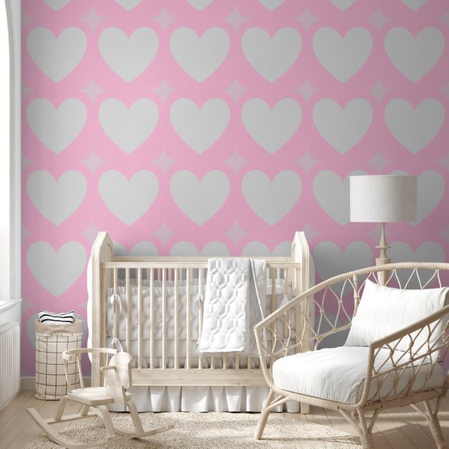 Elegant Silver Hearts and Stars Grey Pastel Pink Wallpaper (Kids)