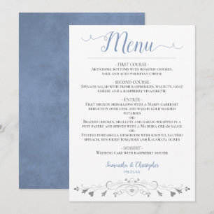 Elegant Silver Hearts Filigree Dusty Blue Wedding Menu