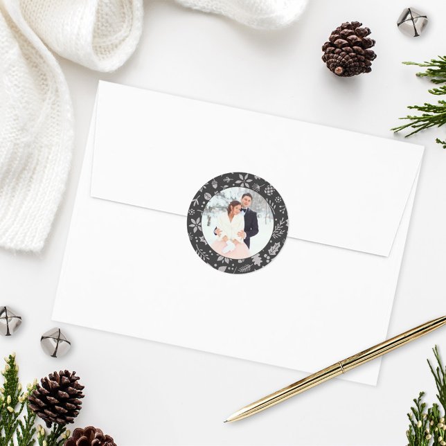 Elegant Silver Holiday Pattern Wedding Photo Classic Round Sticker (Creator Uploaded)