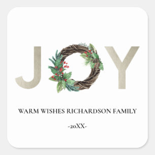 ELEGANT SILVER HOLLY BERRY JOY WREATH CHRISTMAS SQUARE STICKER