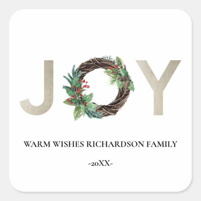 ELEGANT SILVER HOLLY BERRY JOY WREATH CHRISTMAS SQUARE STICKER (Front)