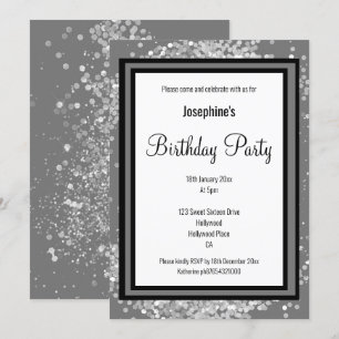 ELEGANT SILVER HOLOGRAPHIC GREY BLACK BIRTHDAY INVITATION