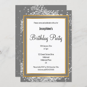 ELEGANT SILVER HOLOGRAPHIC GREY GOLD BIRTHDAY INVITATION