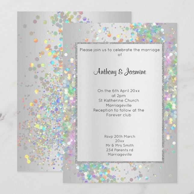ELEGANT SILVER HOLOGRAPHIC PASTEL WEDDING INVITATION (Front/Back)