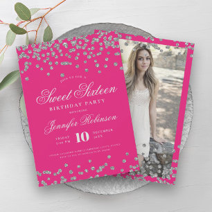Elegant Silver Hot Pink Confetti Photo Sweet 16 Invitation