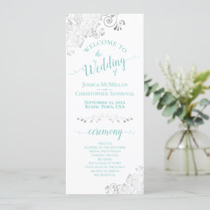 Elegant Silver Lace Aqua Teal on White Wedding Programme