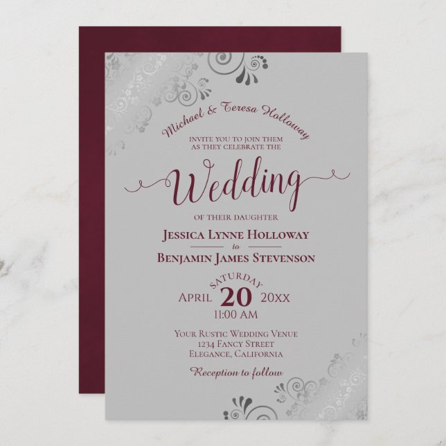 Elegant Silver Lace Burgundy & Grey Formal Wedding Invitation (Front/Back)