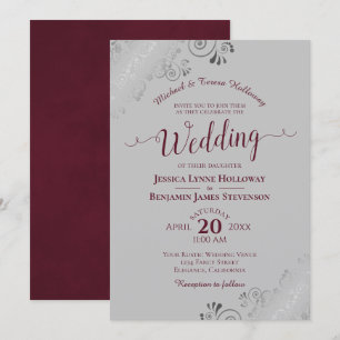 Elegant Silver Lace Burgundy & Grey Formal Wedding Invitation