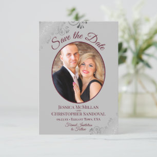 Elegant Silver Lace Burgundy on Grey Photo Wedding Save The Date