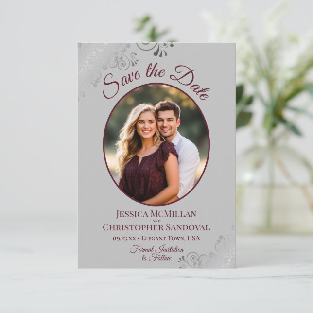 Elegant Silver Lace Burgundy on Grey Photo Wedding Save The Date (Standing Front)