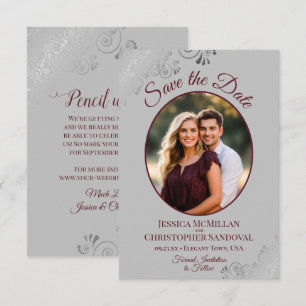 Elegant Silver Lace Burgundy on Grey Photo Wedding Save The Date