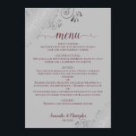Elegant Silver Lace Burgundy on Grey Wedding Menu<br><div class="desc">This beautiful wedding menu is simple,  elegant,  sophisticated and stylish. It features an elegant grey design with lacy burgundy or maroon script calligraphy and delicate silver curls and swirls in the corners. The back is a beautiful marbled burgundy colour.</div>