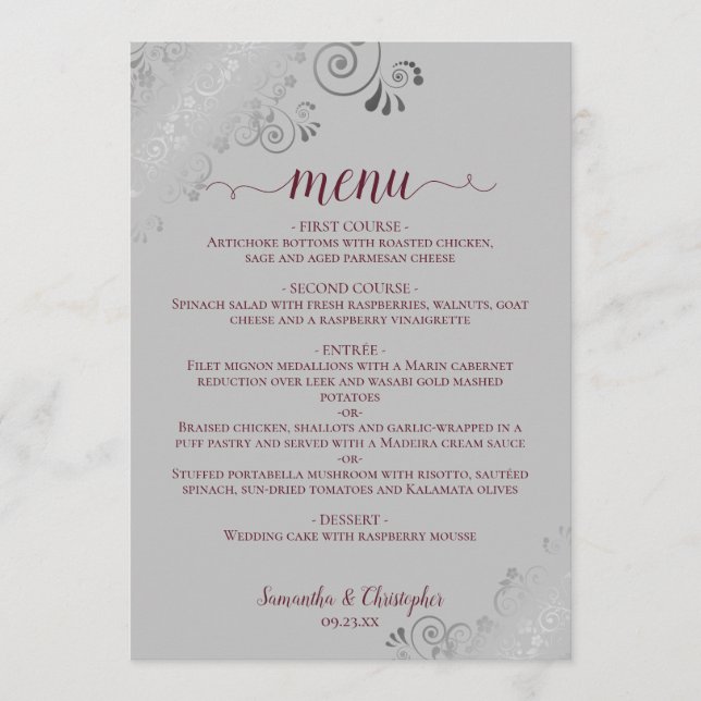 Elegant Silver Lace Burgundy on Grey Wedding Menu (Front)