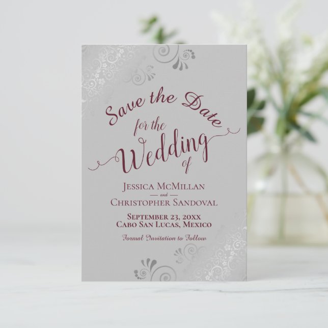 Elegant Silver Lace Burgundy on Grey Wedding Save The Date (Standing Front)
