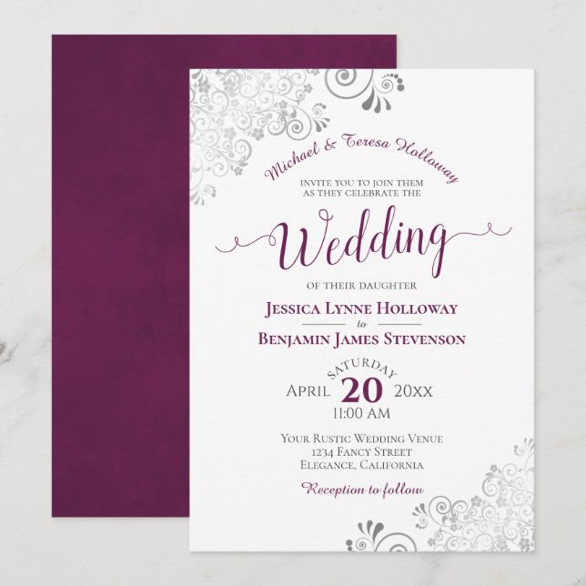 Elegant Silver Lace & Cassis Formal White Wedding Invitation (Front/Back)