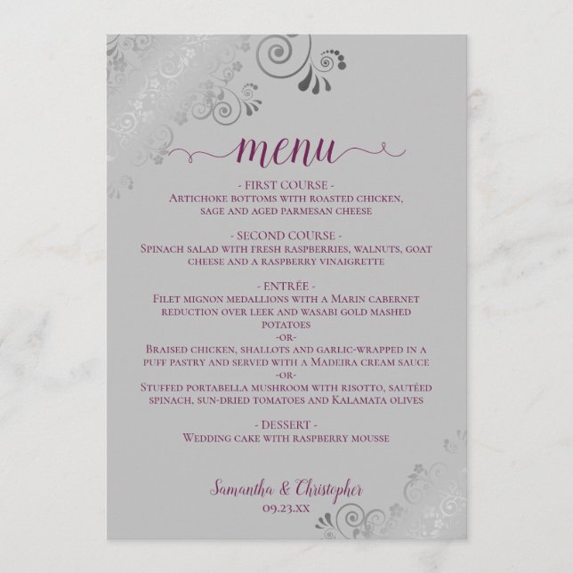 Elegant Silver Lace Cassis Purple on Grey Wedding Menu (Front)
