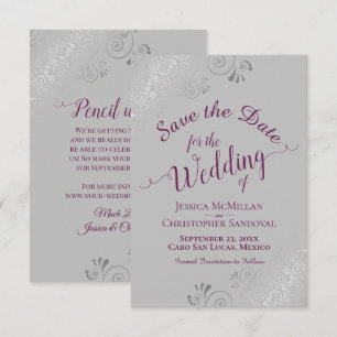 Elegant Silver Lace Cassis Purple on Grey Wedding Save The Date
